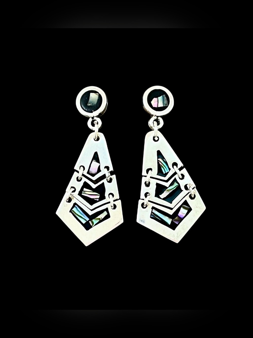 Vintage Taxco 925 Sterling Silver Abalone Inlay Dangle Earrings Modernist TL-93